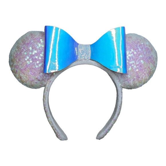 Disney Accessories - Rare Disney Mickey Mouse ears headband white sparkle sequins holographic bow EUC